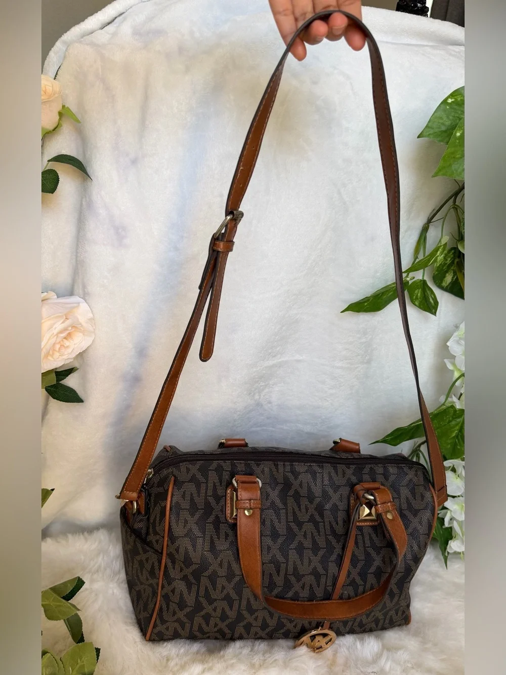 NX Noble Exchange Brown Monogram Large Satchel Shoulder Crossbody Bag